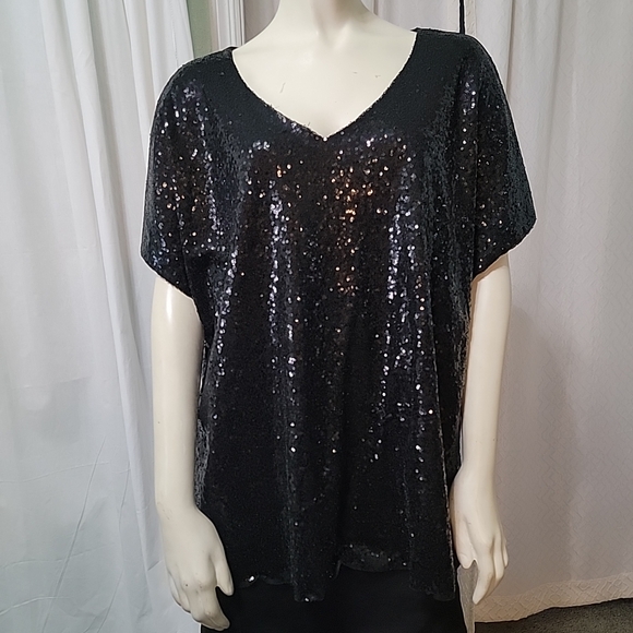 Avenue Tops - Avenue Black‎ Sequin Blouse With Cutout Back